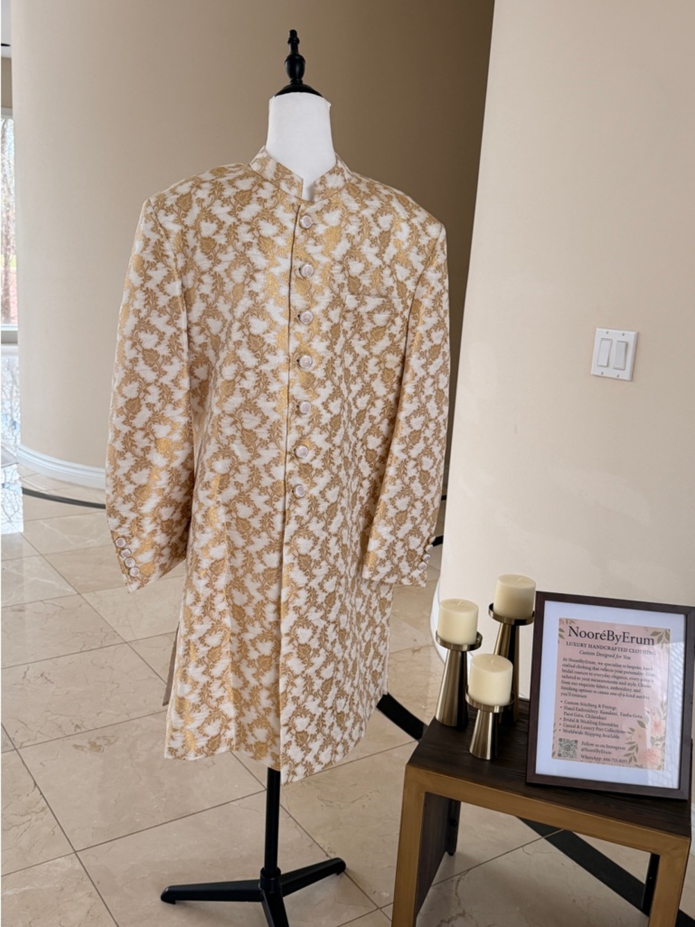 Men's Gold & White Brocade Long Coat